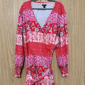 Boohoo Red and Pink Floral Long Sleeve Dress